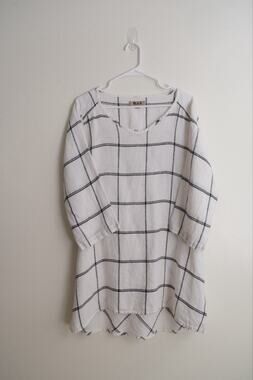 FLAX Designs Linen Dreamy Windowpane Tunic Shirt Lagenlook Coverup Size M
